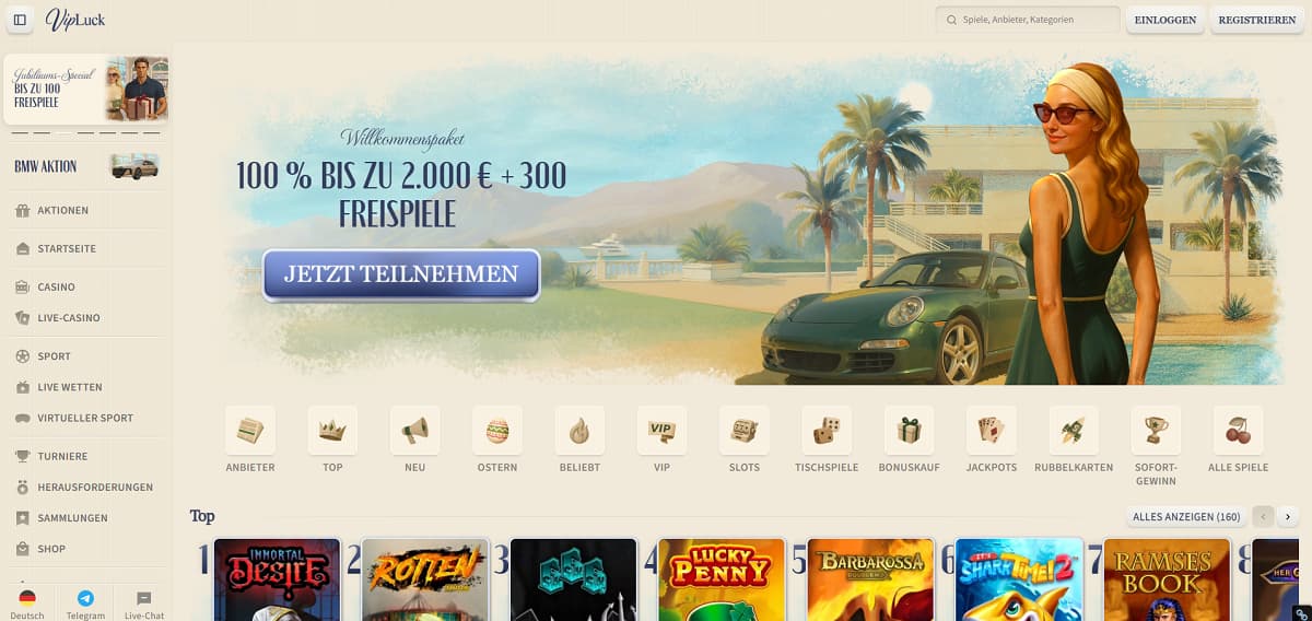 VipLuck Casino-Startseite mit Luxus-Banner, das eine Frau neben einem grünen Sportwagen zeigt, mit 100 % Willkommensbonus bis zu 2.000 € plus 300 Freispiele. Navigation umfasst Casino, Live-Casino, Sport, Turniere und Jackpots, mit Slots wie Immortal Desire und Ramses Book.